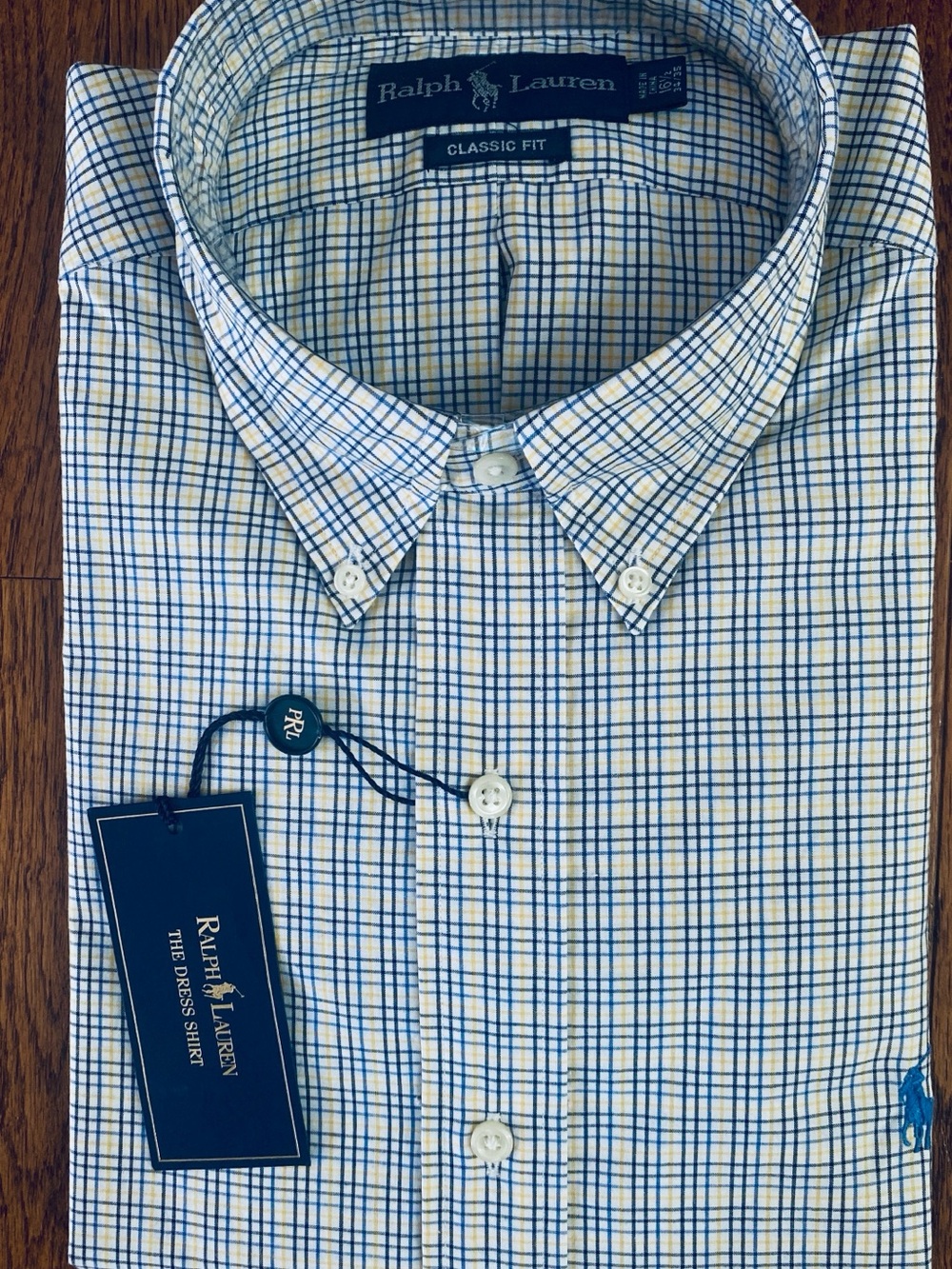 NWT Ralph Lauren Dress Shirt in Blue, White & Yellow Plaid 16 1/2 34/35